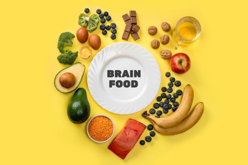 Best foods for brain and memory on yellow background. Food for mind and charge of energy.