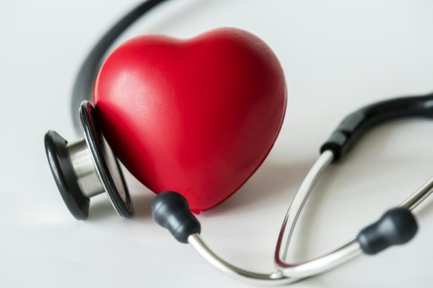 Closeup of heart and a stethoscope cardiovascular checkup concept
